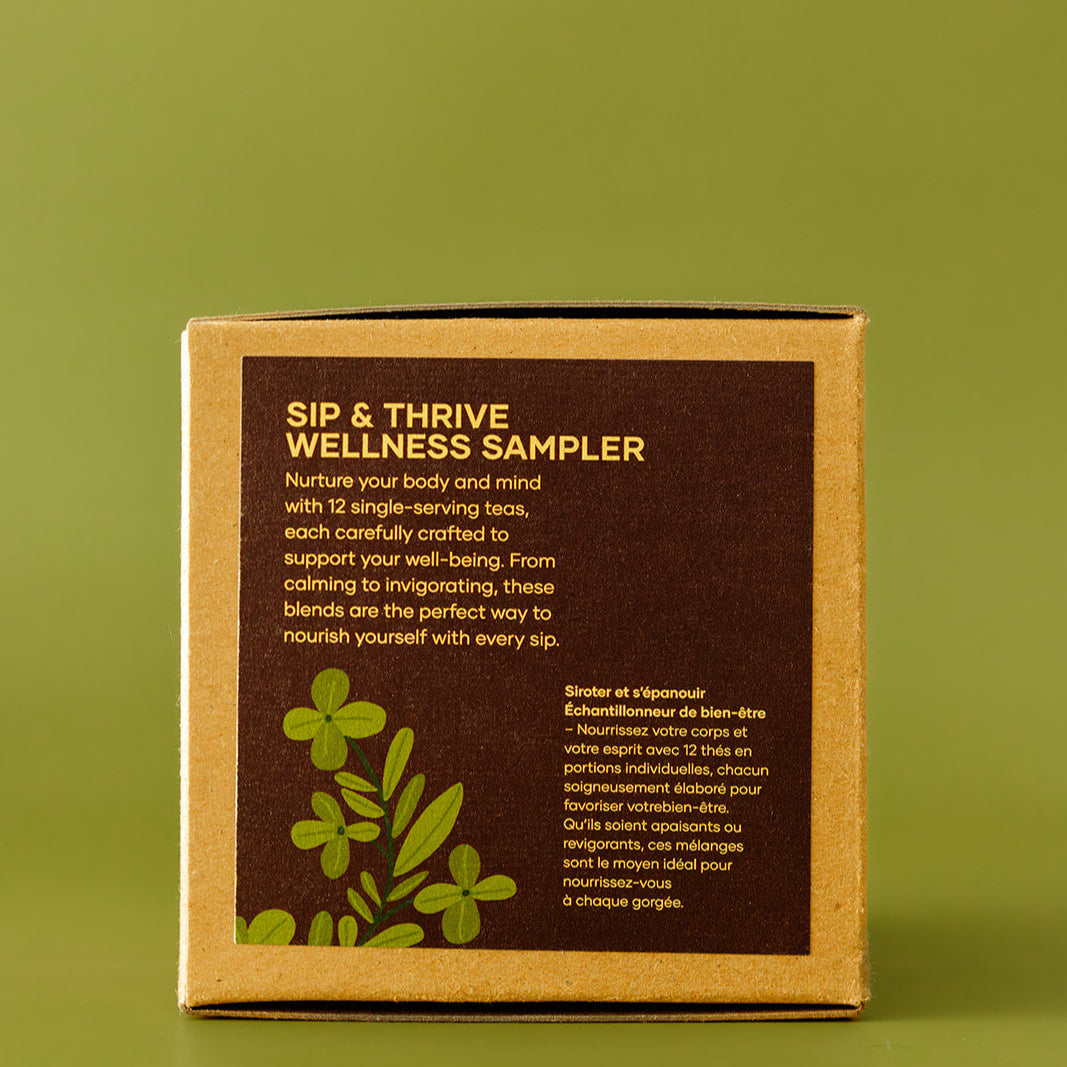 Box labeled 'Sip & Thrive Wellness Sampler' on a green background