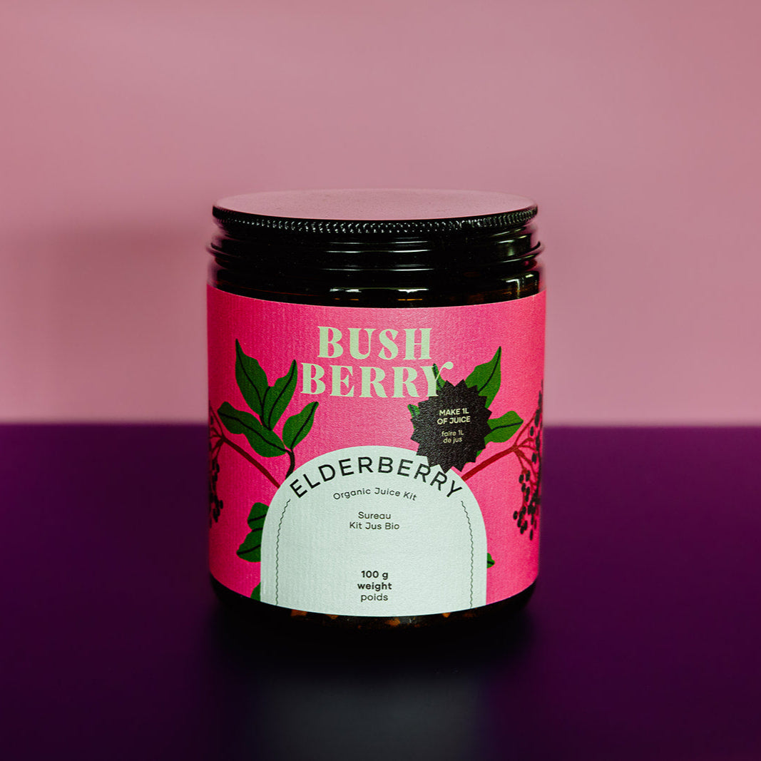 Jar of Bush Berry Elderberry on a pink and purple gradient background