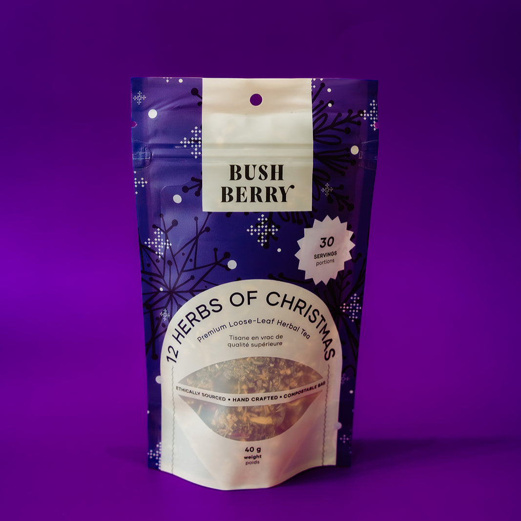 Packaged product with 'Bush Berry' branding on a purple background