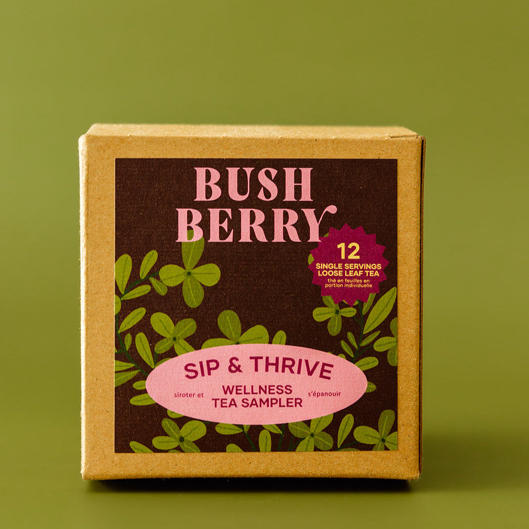 Box of Bush Berry tea sampler on a green background