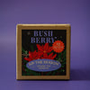 A square cardboard box of Bush Berry 'Sip the Season' Holiday Tea Sampler, featuring a festive black label with red poinsettias and a purple banner, set against a solid purple background.